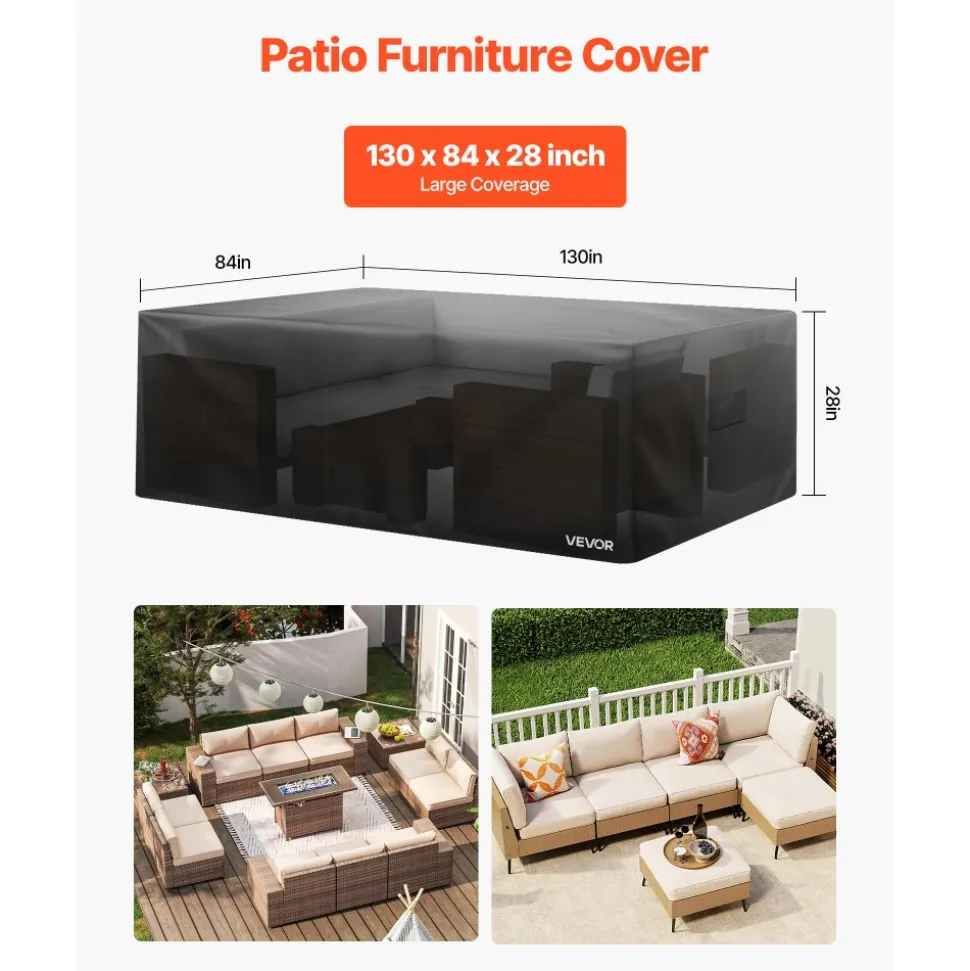 VEVOR Patio Furniture Cover, 420D Heavy Duty Waterproof Outdoor Dining Table and Chairs Cover, Large Rectangular Patio Table Covers with Air Vent for All Weather, 130L x 84W x 28H inch, Black