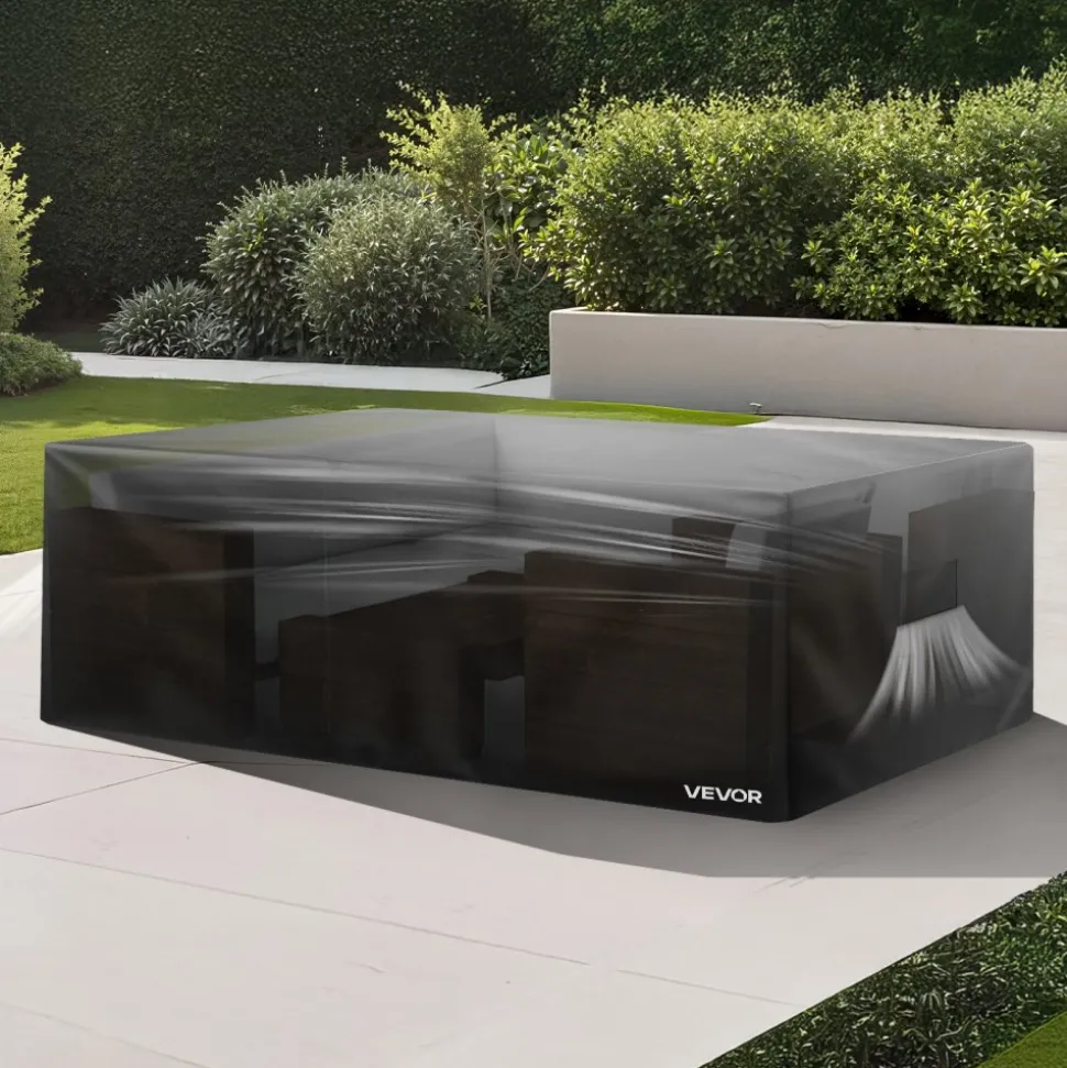 VEVOR Patio Furniture Cover, 420D Heavy Duty Waterproof Outdoor Dining Table and Chairs Cover, Large Rectangular Patio Table Covers with Air Vent for All Weather, 110L x 84W x 28H inch, Black