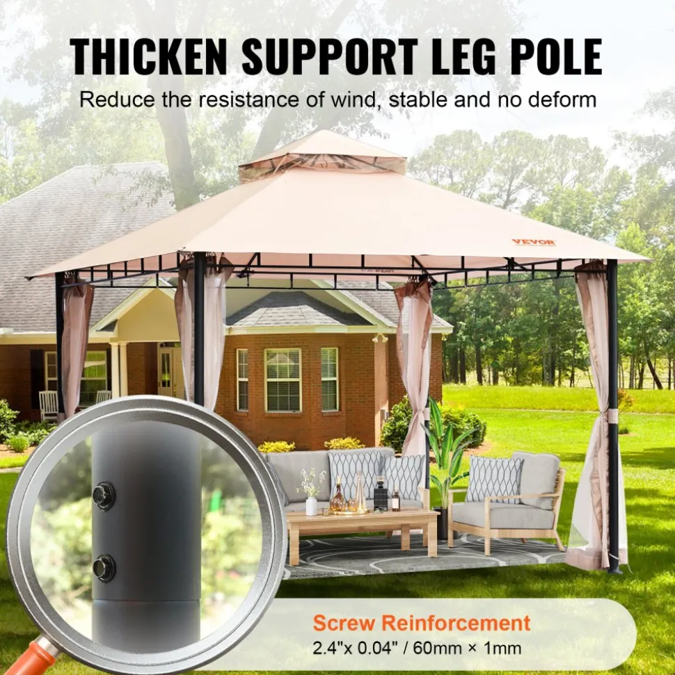 VEVOR Patio Gazebo for 6-8 Person, 10 x 10 FT Backyard Gazebo, with Mosquito Netting, Metal Frame, and PU Coated 180G Polyester, Outdoor Canopy Shelter for Patio, Backyard, Lawn, Garden, Deck