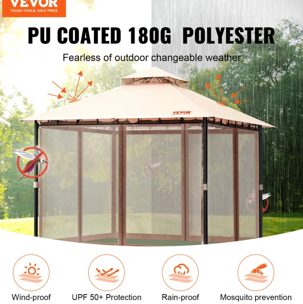 VEVOR Patio Gazebo for 6-8 Person, 10 x 10 FT Backyard Gazebo, with Mosquito Netting, Metal Frame, and PU Coated 180G Polyester, Outdoor Canopy Shelter for Patio, Backyard, Lawn, Garden, Deck