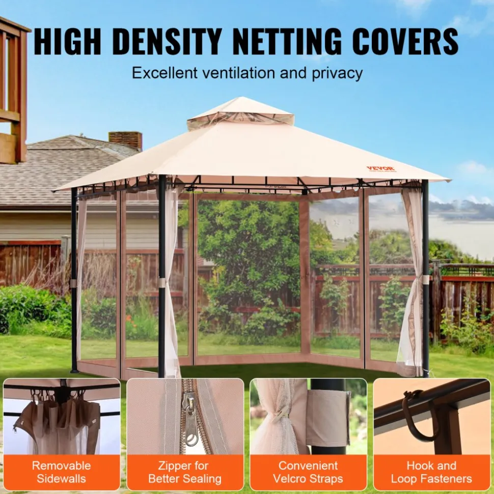 VEVOR Patio Gazebo for 6-8 Person, 10 x 10 FT Backyard Gazebo, with Mosquito Netting, Metal Frame, and PU Coated 180G Polyester, Outdoor Canopy Shelter for Patio, Backyard, Lawn, Garden, Deck