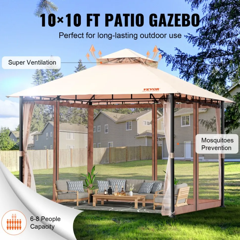 VEVOR Patio Gazebo for 6-8 Person, 10 x 10 FT Backyard Gazebo, with Mosquito Netting, Metal Frame, and PU Coated 180G Polyester, Outdoor Canopy Shelter for Patio, Backyard, Lawn, Garden, Deck