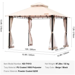 VEVOR Patio Gazebo for 6-8 Person, 10 x 10 FT Backyard Gazebo, with Mosquito Netting, Metal Frame, and PU Coated 180G Polyester, Outdoor Canopy Shelter for Patio, Backyard, Lawn, Garden, Deck