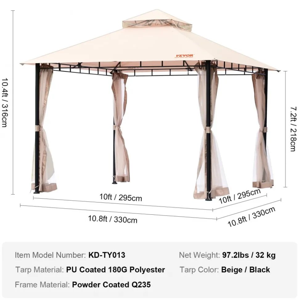 VEVOR Patio Gazebo for 6-8 Person, 10 x 10 FT Backyard Gazebo, with Mosquito Netting, Metal Frame, and PU Coated 180G Polyester, Outdoor Canopy Shelter for Patio, Backyard, Lawn, Garden, Deck