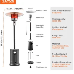 VEVOR Patio Heater for Outdoor Use, 50000BTU Propane Heater Tall Hammered With Round Table Design, Metal Burner and Wheels, Fixed Outdoor Patio Flame Heater for Patio, Party, Backyard, Garden, Bronze
