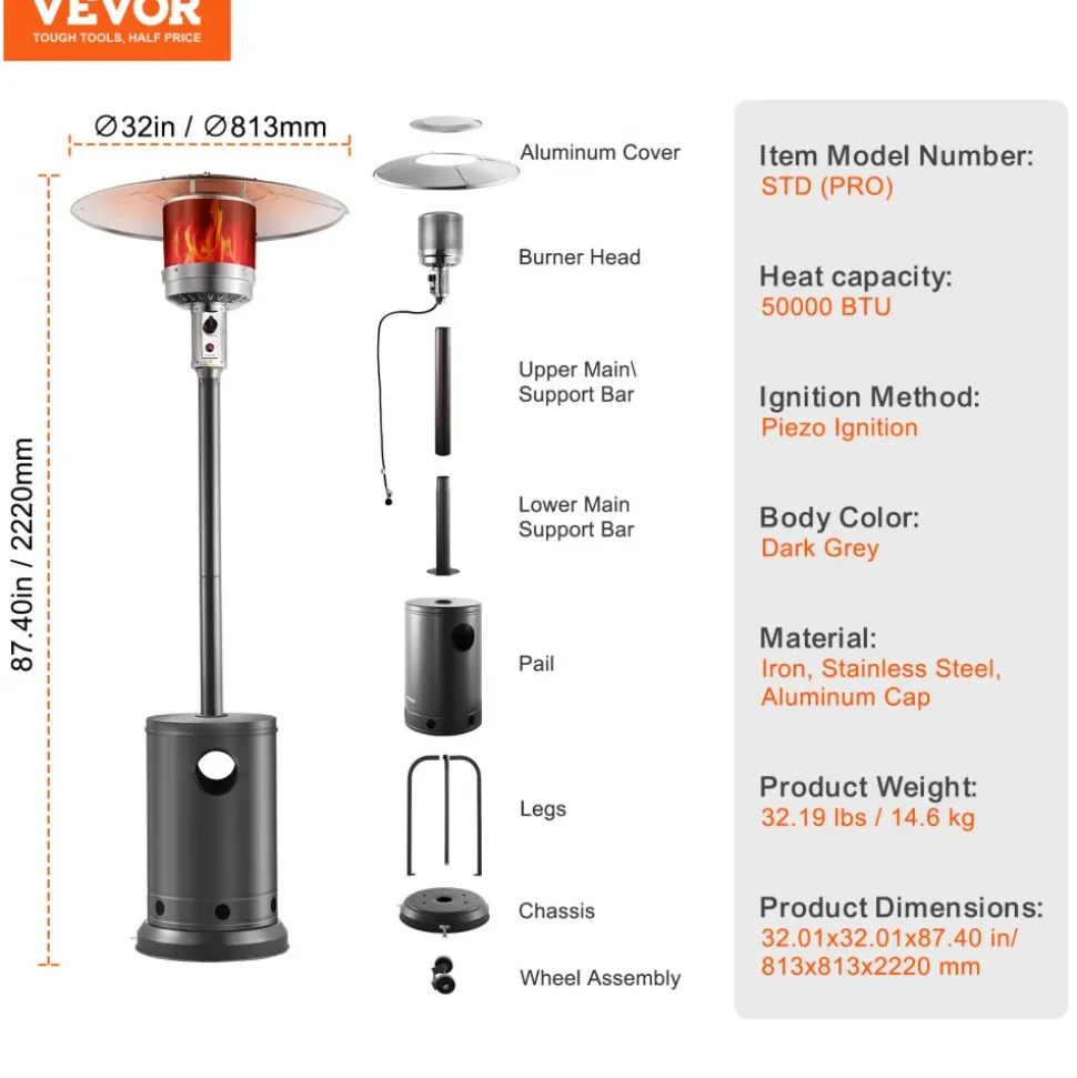VEVOR Patio Heater for Outdoor Use, 50000BTU Propane Heater Tall Hammered With Round Table Design, Metal Burner and Wheels, Fixed Outdoor Patio Flame Heater for Patio, Party, Backyard, Garden, Bronze