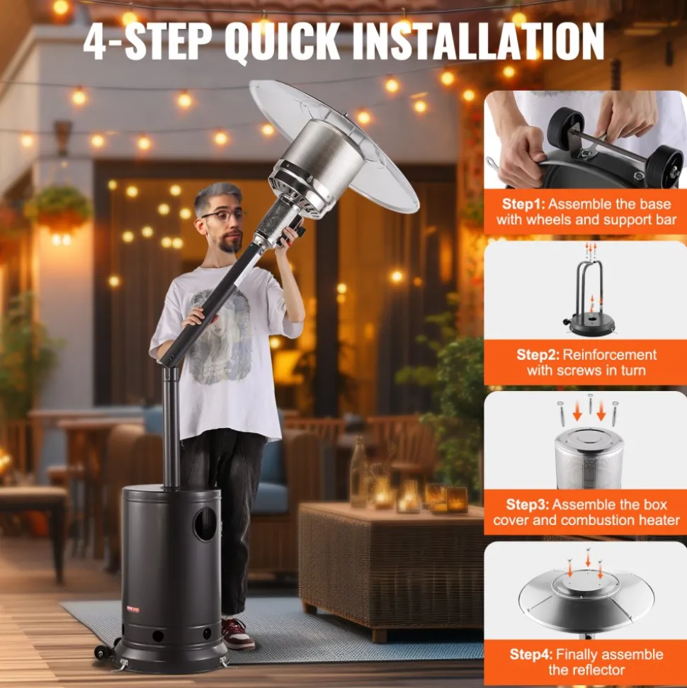 VEVOR Patio Heater for Outdoor Use, 50000BTU Propane Heater Tall Hammered With Round Table Design, Metal Burner and Wheels, Fixed Outdoor Patio Flame Heater for Patio, Party, Backyard, Garden, Bronze