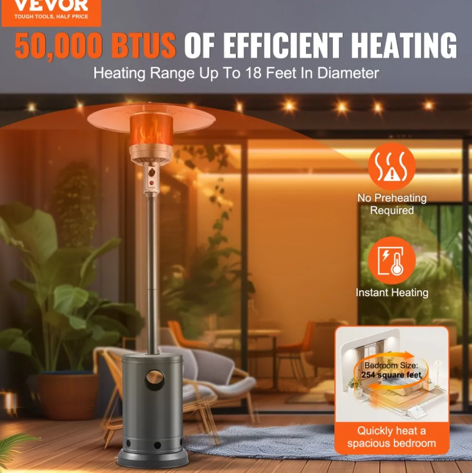 VEVOR Patio Heater for Outdoor Use, 50000BTU Propane Heater Tall Hammered With Round Table Design, Metal Burner and Wheels, Fixed Outdoor Patio Flame Heater for Patio, Party, Backyard, Garden, Bronze