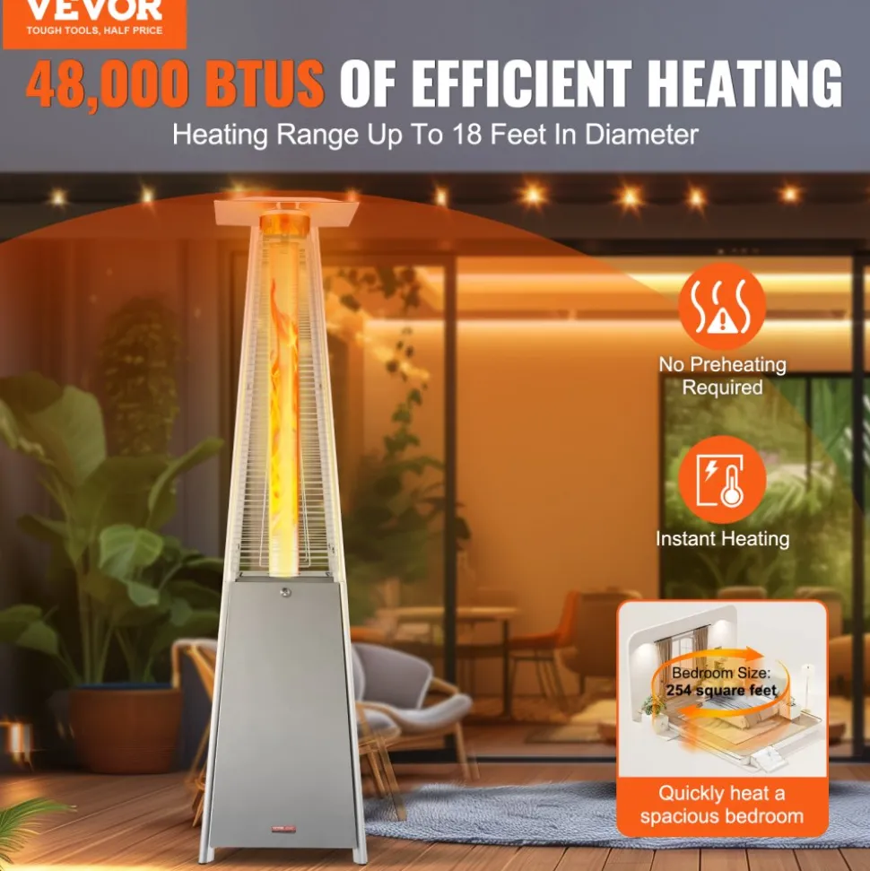 VEVOR Patio Heater for Outdoor Use, 48000BTU Pyramid Propane Heater w/Wheels, Quartz Glass Tube Outdoor Patio Flame Heater for Patio, Party, Backyard, Garden, Decoration, Silver