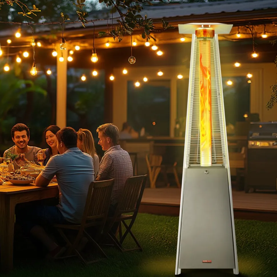 VEVOR Patio Heater for Outdoor Use, 48000BTU Pyramid Propane Heater w/Wheels, Quartz Glass Tube Outdoor Patio Flame Heater for Patio, Party, Backyard, Garden, Decoration, Silver