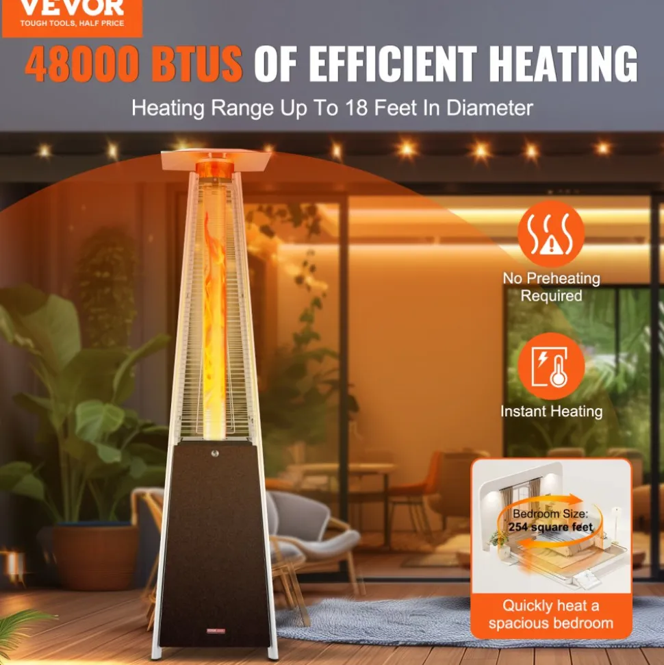 VEVOR Patio Heater for Outdoor Use, 48000BTU Pyramid Propane Heater w/Wheels, Quartz Glass Tube Outdoor Patio Flame Heater for Patio, Party, Backyard, Garden, Decoration, Hammered Bronze