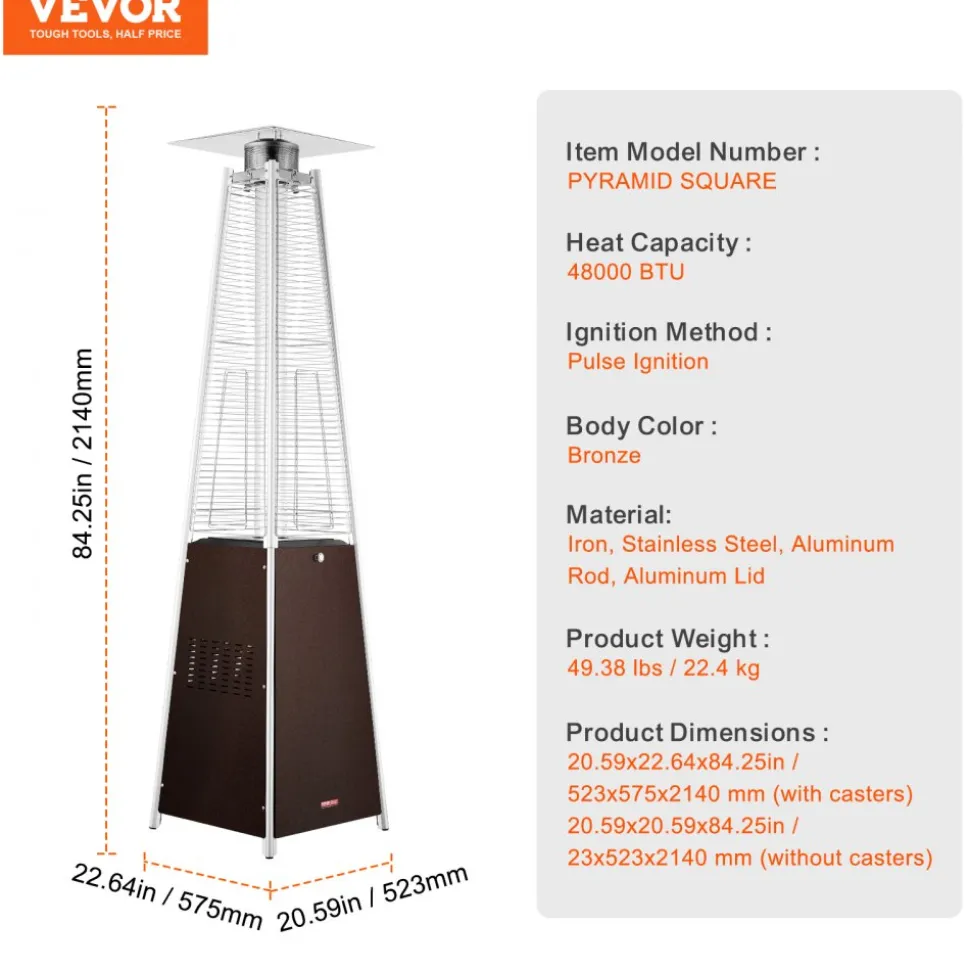 VEVOR Patio Heater for Outdoor Use, 48000BTU Pyramid Propane Heater w/Wheels, Quartz Glass Tube Outdoor Patio Flame Heater for Patio, Party, Backyard, Garden, Decoration, Hammered Bronze
