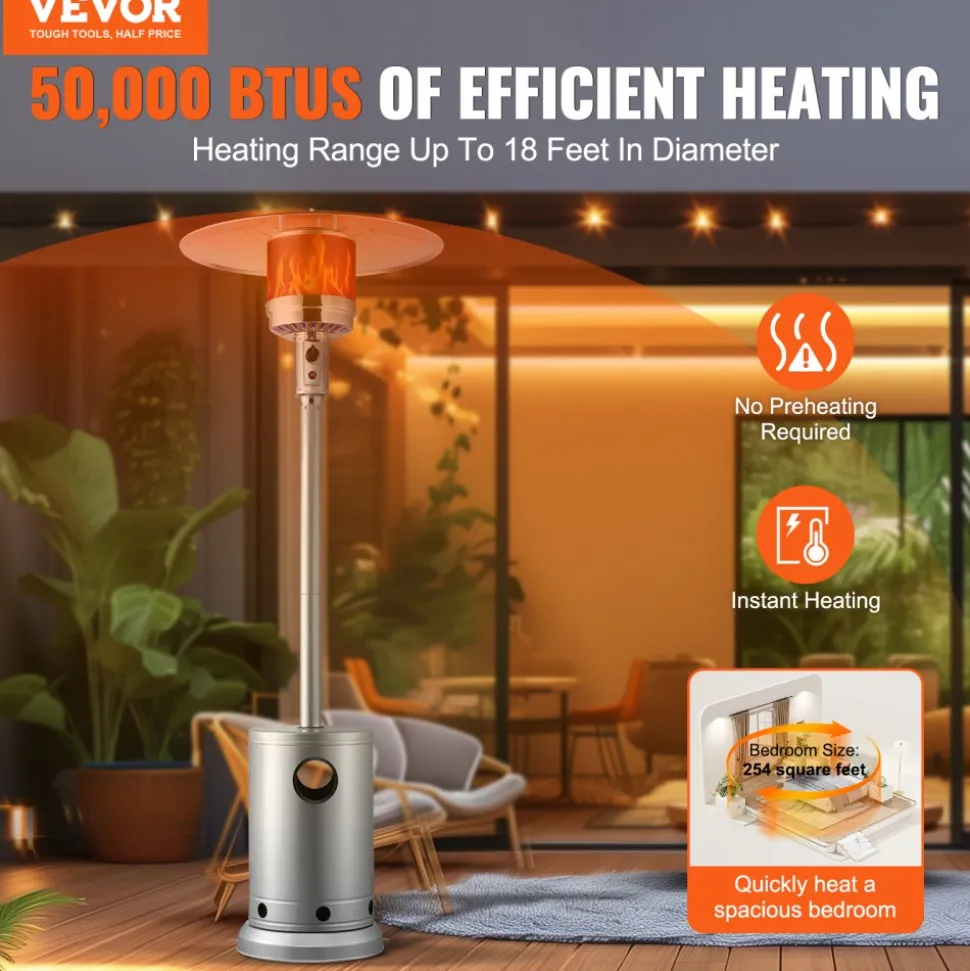 VEVOR Patio Heater for Outdoor Use, 50000BTU Propane Heater Tall Hammered With Round Table Design, Metal Burner and Wheels, Fixed Outdoor Patio Flame Heater for Patio, Party, Backyard, Garden, Silver