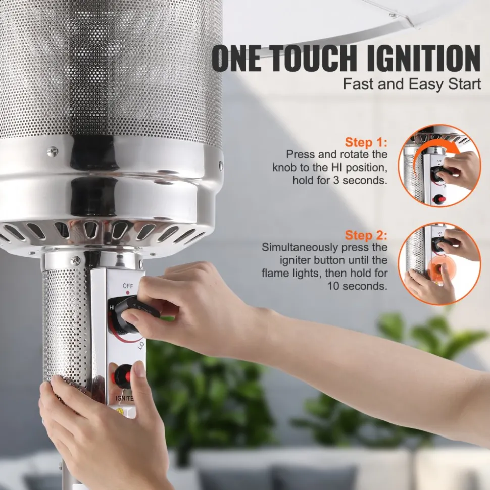 VEVOR Patio Heater for Outdoor Use, 50000BTU Propane Heater Tall Hammered With Round Table Design, Metal Burner and Wheels, Fixed Outdoor Patio Flame Heater for Patio, Party, Backyard, Garden, Silver
