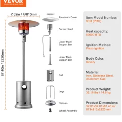 VEVOR Patio Heater for Outdoor Use, 50000BTU Propane Heater Tall Hammered With Round Table Design, Metal Burner and Wheels, Fixed Outdoor Patio Flame Heater for Patio, Party, Backyard, Garden, Silver
