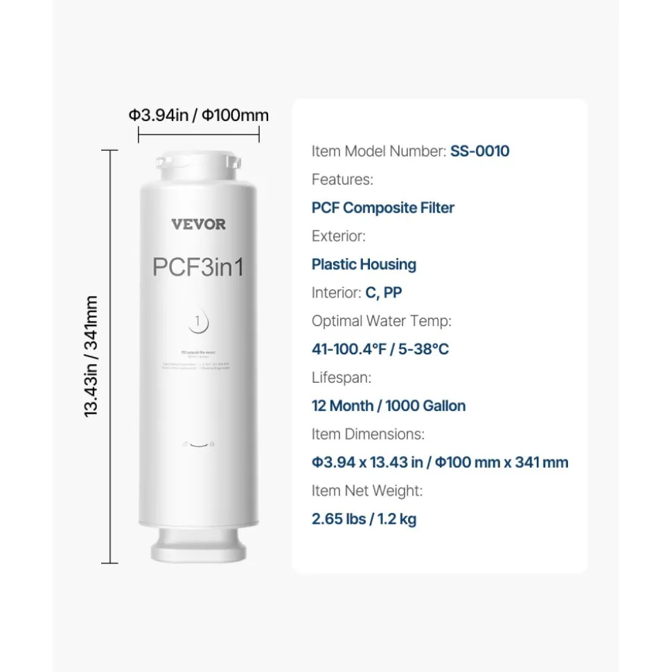 VEVOR PCF Replace Filter, 6-layer PCF Composite Water Filter Replacement, PCF Composite Filter, Reduces Chlorine & Odor, Compatible with Under Sink Water Filter System SS-001, SS-003 & SS-005