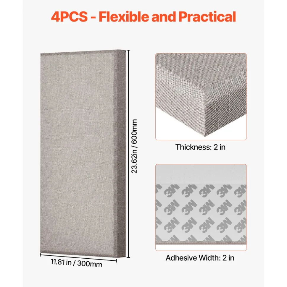 VEVOR 4 PCS Acoustic Panels, 2 inch Thick 23.6 x 11.8 inch Fiberglass Sound Absorbing Panels, Self-adhesive Soundproof Wall Boards, for Studios, Office, Home Theater,Meeting Room, Camel