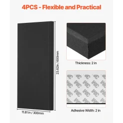 VEVOR 4 PCS Acoustic Panels, 2 inch Thick 23.6 x 11.8 inch Fiberglass Sound Absorbing Panels, Self-adhesive Soundproof Wall Boards, for Studios, Office, Home Theater,Meeting Room, Black