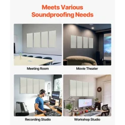 VEVOR 4 PCS Acoustic Panels, 2 inch Thick 23.6 x 11.8 inch Fiberglass Sound Absorbing Panels, Self-adhesive Soundproof Wall Boards, for Studios, Office, Home Theater,Meeting Room, Beige