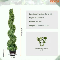 VEVOR 2 pcs. Artificial Boxwood Tower Topiary Spiral Artificial Plant 122cm high Decorative Plant Green Plastic PE Iron Topiary Plants incl. 10 pcs. Replacement Leaves