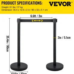 VEVOR 6 PCS Black Stanchion Posts Stainless Steel Stanchion Queue Post Black Belt Retractable 36In for Both Indoor and Outdoor use.