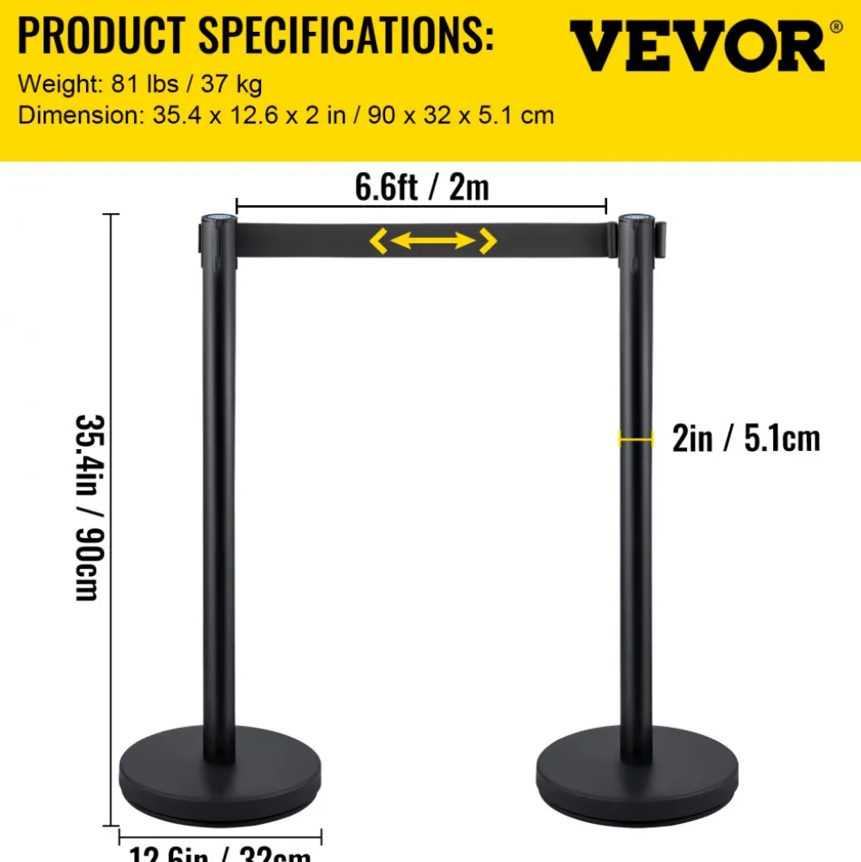 VEVOR 6 PCS Black Stanchion Posts Stainless Steel Stanchion Queue Post Black Belt Retractable 36In for Both Indoor and Outdoor use.