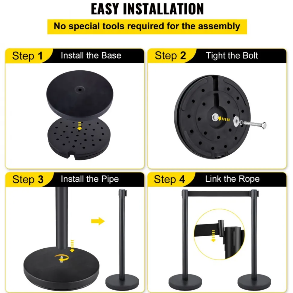 VEVOR 6 PCS Black Stanchion Posts Stainless Steel Stanchion Queue Post Black Belt Retractable 36In for Both Indoor and Outdoor use.