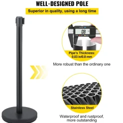 VEVOR 6 PCS Black Stanchion Posts Stainless Steel Stanchion Queue Post Black Belt Retractable 36In for Both Indoor and Outdoor use.