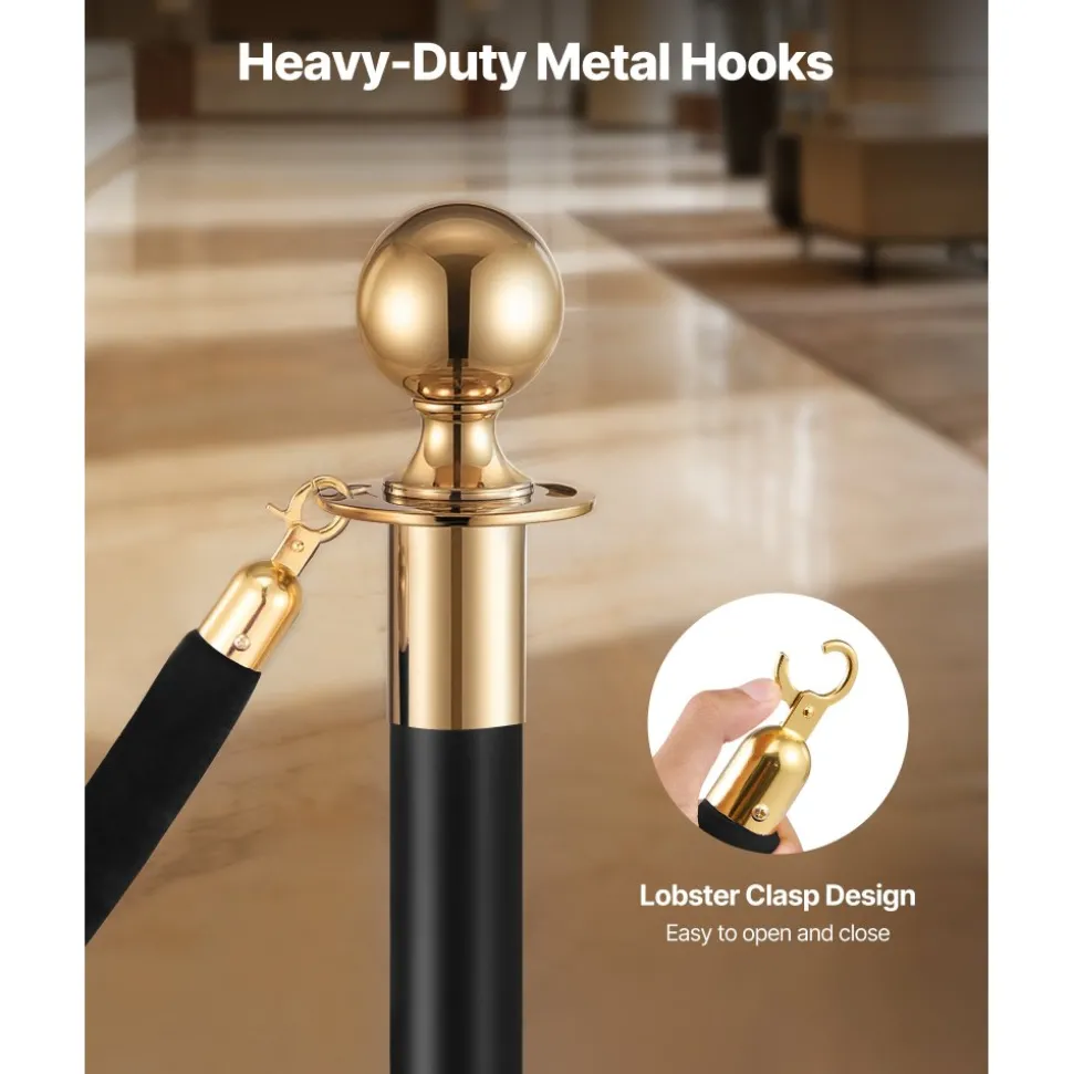 VEVOR 4 Pcs Black Velvet Stanchion Ropes, 5 ft Crowd Control Stanchion Black Velvet Ropes with Gold Hooks, Post Queue Barrier Carpet Rope for Carpet Events Movie Theaters Grand Openings Hotels Party