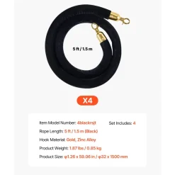 VEVOR 4 Pcs Black Velvet Stanchion Ropes, 5 ft Crowd Control Stanchion Black Velvet Ropes with Gold Hooks, Post Queue Barrier Carpet Rope for Carpet Events Movie Theaters Grand Openings Hotels Party