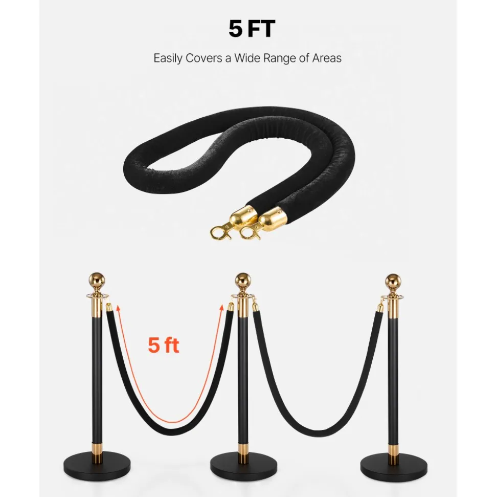 VEVOR 4 Pcs Black Velvet Stanchion Ropes, 5 ft Crowd Control Stanchion Black Velvet Ropes with Gold Hooks, Post Queue Barrier Carpet Rope for Carpet Events Movie Theaters Grand Openings Hotels Party