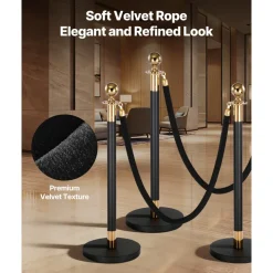 VEVOR 2 Pcs Black Velvet Stanchion Ropes, 5 ft Crowd Control Stanchion Black Velvet Ropes with Gold Hooks, Post Queue Barrier Carpet Rope for Carpet Events Movie Theaters Grand Openings Hotels Party