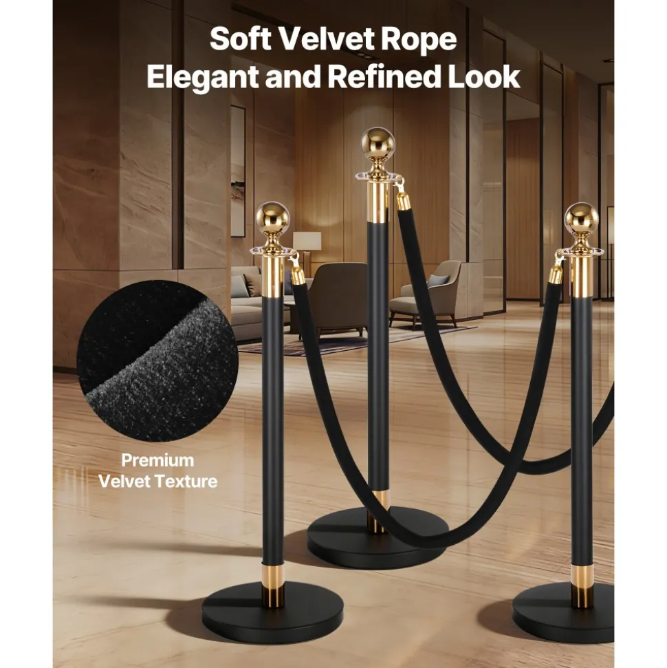 VEVOR 2 Pcs Black Velvet Stanchion Ropes, 5 ft Crowd Control Stanchion Black Velvet Ropes with Gold Hooks, Post Queue Barrier Carpet Rope for Carpet Events Movie Theaters Grand Openings Hotels Party