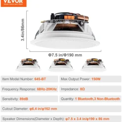 VEVOR 4 PCs 6.5'' Bluetooth in Ceiling Speakers, 150W, Flush Mount Ceiling & in-Wall Speaker System with 8ΩImpedance 89dB Sensitivity, for Home Kitchen Living Room Bedroom or Covered Outdoor Porches
