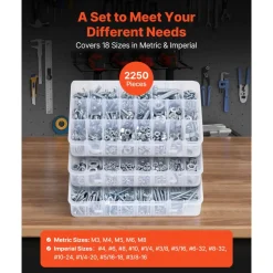 VEVOR 2250 Pcs Bolts and Nuts Assortment Kit, Metric + Imperial Machine Screws and Flat Washers, Alloy Steel M3/M4/M5/M6/M8 Multiple Size, for Equipment/Vehicle Assembly,Galvanized White