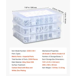 VEVOR 2250 Pcs Bolts and Nuts Assortment Kit, Metric + Imperial Machine Screws and Flat Washers, Alloy Steel M3/M4/M5/M6/M8 Multiple Size, for Equipment/Vehicle Assembly,Galvanized White