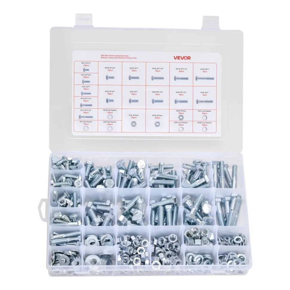 VEVOR 566 Pcs Bolts and Nuts Assortment Kit, Imperial Machine Screws and Flat Washers, Alloy Steel 1/4-20,5/16-18,3/8-16, for Furniture /Equipment/Vehicle Assembly, Galvanized White