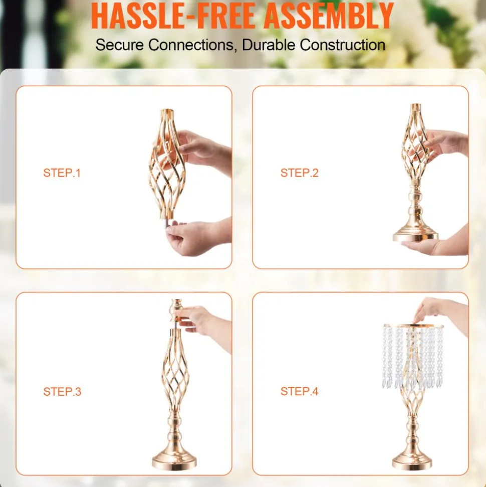 VEVOR 12PCS 49cm/19.3” Tall Crystal Wedding Flower Stand, Metal Wedding Centerpiece Vase, Gold Flower Holders Floral Display Rack for Tables Wedding Dinner Party, Ceremony Birthday Event Decor