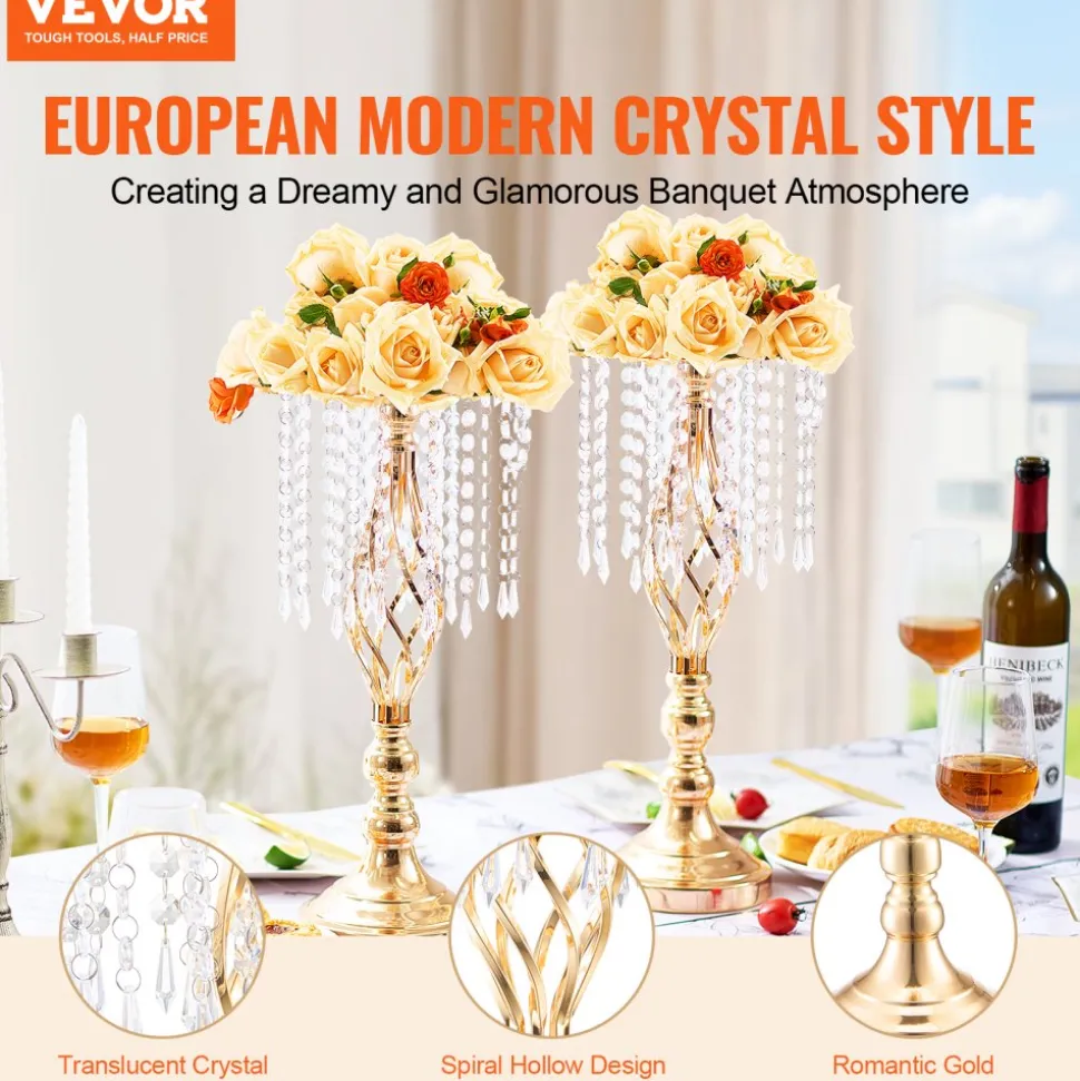 VEVOR 12PCS 49cm/19.3” Tall Crystal Wedding Flower Stand, Metal Wedding Centerpiece Vase, Gold Flower Holders Floral Display Rack for Tables Wedding Dinner Party, Ceremony Birthday Event Decor