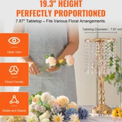 VEVOR 12PCS 49cm/19.3” Tall Crystal Wedding Flower Stand, Metal Wedding Centerpiece Vase, Gold Flower Holders Floral Display Rack for Tables Wedding Dinner Party, Ceremony Birthday Event Decor