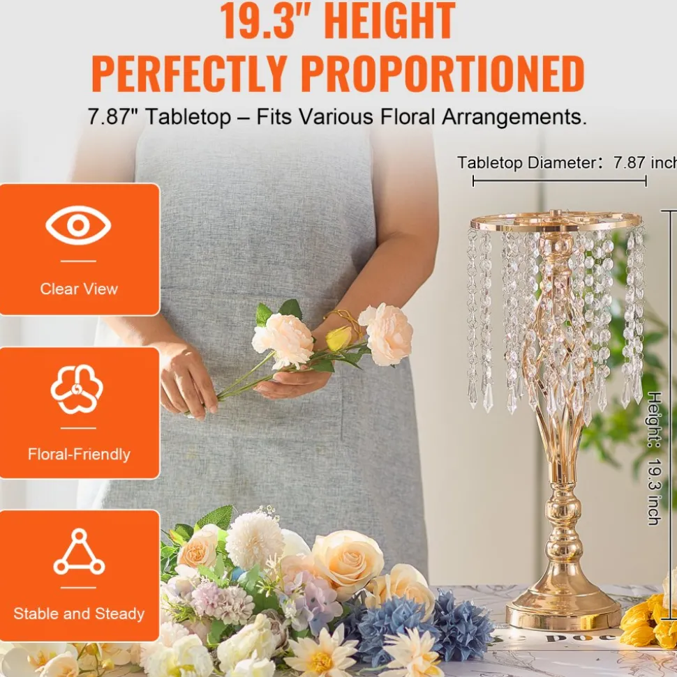 VEVOR 12PCS 49cm/19.3” Tall Crystal Wedding Flower Stand, Metal Wedding Centerpiece Vase, Gold Flower Holders Floral Display Rack for Tables Wedding Dinner Party, Ceremony Birthday Event Decor