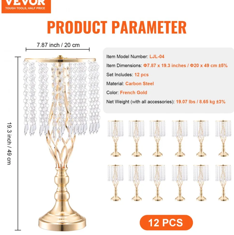 VEVOR 12PCS 49cm/19.3” Tall Crystal Wedding Flower Stand, Metal Wedding Centerpiece Vase, Gold Flower Holders Floral Display Rack for Tables Wedding Dinner Party, Ceremony Birthday Event Decor