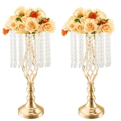 VEVOR 12PCS 49cm/19.3” Tall Crystal Wedding Flower Stand, Metal Wedding Centerpiece Vase, Gold Flower Holders Floral Display Rack for Tables Wedding Dinner Party, Ceremony Birthday Event Decor