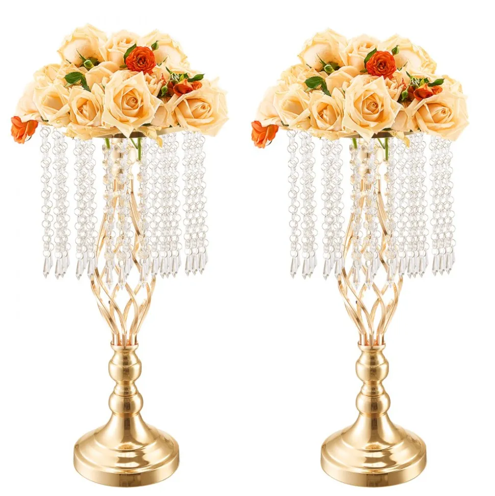 VEVOR 12PCS 49cm/19.3” Tall Crystal Wedding Flower Stand, Metal Wedding Centerpiece Vase, Gold Flower Holders Floral Display Rack for Tables Wedding Dinner Party, Ceremony Birthday Event Decor