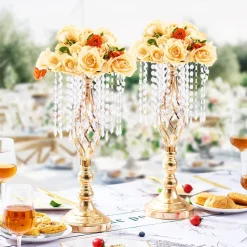 VEVOR 12PCS 49cm/19.3” Tall Crystal Wedding Flower Stand, Metal Wedding Centerpiece Vase, Gold Flower Holders Floral Display Rack for Tables Wedding Dinner Party, Ceremony Birthday Event Decor