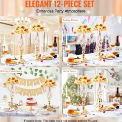 VEVOR 12PCS 49cm/19.3” Tall Crystal Wedding Flower Stand, Metal Wedding Centerpiece Vase, Gold Flower Holders Floral Display Rack for Tables Wedding Dinner Party, Ceremony Birthday Event Decor