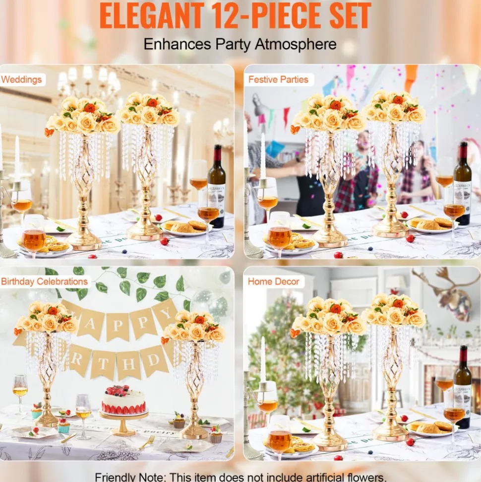 VEVOR 12PCS 49cm/19.3” Tall Crystal Wedding Flower Stand, Metal Wedding Centerpiece Vase, Gold Flower Holders Floral Display Rack for Tables Wedding Dinner Party, Ceremony Birthday Event Decor