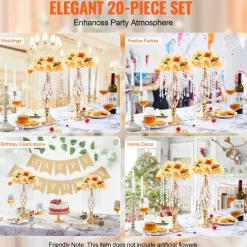 VEVOR 20PCS 43cm/16.9” Tall Crystal Wedding Flower Stand, Metal Wedding Centerpiece Vase, Gold Flower Holders Floral Display Rack for Tables Wedding Dinner Party, Ceremony Birthday Event Decor