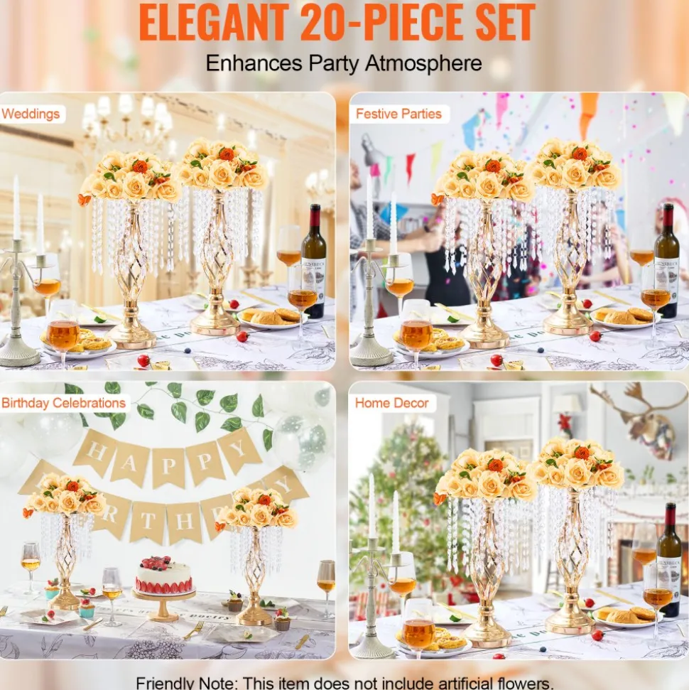 VEVOR 20PCS 43cm/16.9” Tall Crystal Wedding Flower Stand, Metal Wedding Centerpiece Vase, Gold Flower Holders Floral Display Rack for Tables Wedding Dinner Party, Ceremony Birthday Event Decor