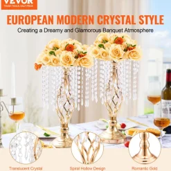 VEVOR 20PCS 43cm/16.9” Tall Crystal Wedding Flower Stand, Metal Wedding Centerpiece Vase, Gold Flower Holders Floral Display Rack for Tables Wedding Dinner Party, Ceremony Birthday Event Decor